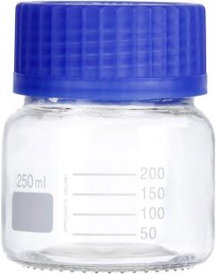 Glass Reagent Bottle, blue screw Cap, wide mouth, 250ml
