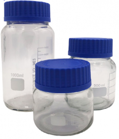 Lab glass reagent bottles, wide mouth, round, screw cap